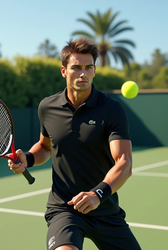 (photorealism:1.2), man with brown eyes and brown hair playing tennis with babolat racket wearing a Lacoste polo shirt black with a super detailed ultra-realistic photorealistic 8k
