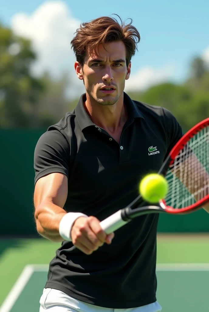 (photorealism:1.2), man with brown eyes and brown hair playing tennis with babolat racket wearing a Lacoste polo shirt  black with a super detailed ultra-realistic photorealistic 8k 