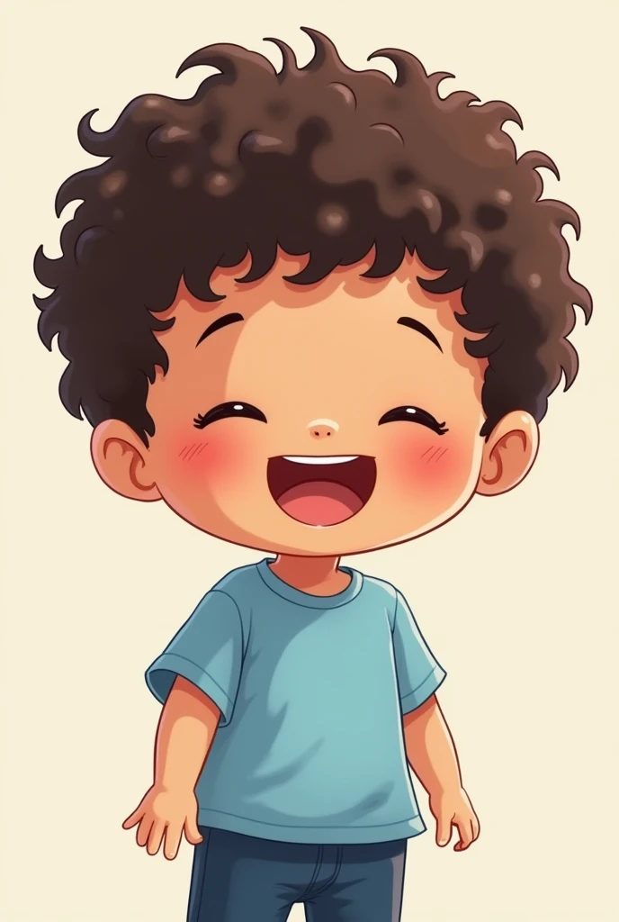 Manga ou animé petit garcon métisse de 2 ans. Cheveux boucles courts, il rit, chemise bleue claire et pantalon bleu foncé 