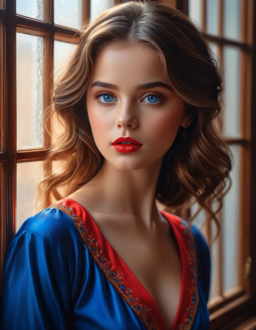 (Best quality, 4K, 8 K, a high resolution, masterpiece: 1.2), (super detailed, realistic, Фотоrealistic:1.37)Charming young girl, wearing a striking red and blue ensemble, stands in front of the window with a stern and determined look. Her charming eyes are exquisitely detailed.., capturing every shimmer and depth, while her lips boast a meticulous beauty, at the same time captivating and enticing.. The level of detail extends to her entire face.., every contour and detail is carefully drawn to perfection, creating a sense of hyperrealism, which attracts the viewer. 

Girl&#39;s outfit, resembles oil painting, a work of art in itself. factory, skillfully executed, reminiscent of bright brush strokes, adds a touch of dynamism to its overall appearance. This is a true reflection of the artist&#39;s talent.., demonstration of skill