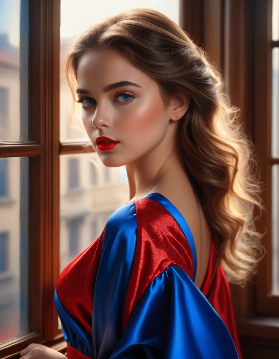 (Best quality, 4K, 8 K, a high resolution, masterpiece: 1.2), (super detailed, realistic, Фотоrealistic:1.37)Charming young girl, wearing a striking red and blue ensemble, stands in front of the window with a stern and determined look. Her charming eyes are exquisitely detailed.., capturing every shimmer and depth, while her lips boast a meticulous beauty, at the same time captivating and enticing.. The level of detail extends to her entire face.., every contour and detail is carefully drawn to perfection, creating a sense of hyperrealism, which attracts the viewer. 

Girl&#39;s outfit, resembles oil painting, a work of art in itself. factory, skillfully executed, reminiscent of bright brush strokes, adds a touch of dynamism to its overall appearance. This is a true reflection of the artist&#39;s talent.., demonstration of skill