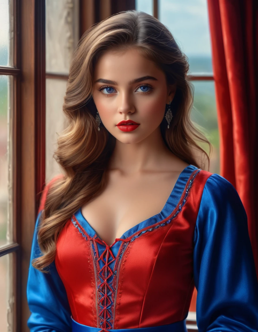 (Best quality, 4K, 8 K, a high resolution, masterpiece: 1.2), (super detailed, realistic, Фотоrealistic:1.37)Charming young girl, wearing a striking red and blue ensemble, stands in front of the window with a stern and determined look. Her charming eyes are exquisitely detailed.., capturing every shimmer and depth, while her lips boast a meticulous beauty, at the same time captivating and enticing.. The level of detail extends to her entire face.., every contour and detail is carefully drawn to perfection, creating a sense of hyperrealism, which attracts the viewer. 

Girl&#39;s outfit, resembles oil painting, a work of art in itself. factory, skillfully executed, reminiscent of bright brush strokes, adds a touch of dynamism to its overall appearance. This is a true reflection of the artist&#39;s talent.., demonstration of skill