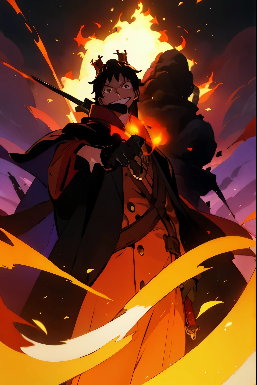 ((illustration)), (best quality)), ((masterpiece)), (detailed), teenager, 1male, black hair, jacket, black gloves, long coat, sunglasses, leather, solo, anime: 2, city, night, flat color, throne room, holding sword, glowing eyes, crazy smile, cinematic, epic, anime, fire, explosion, kingdom background, crown, One piece style, stairway, King,