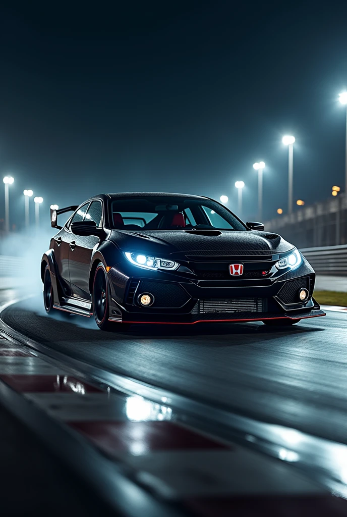 Carbon fiber Honda civic type r in racetrack at night 