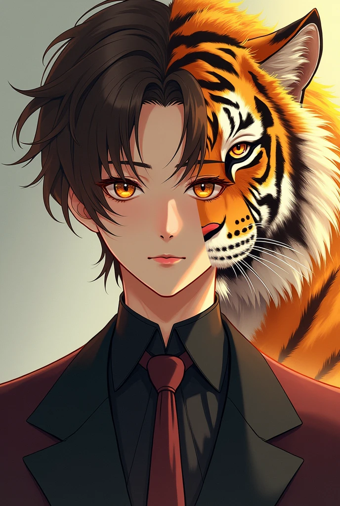 Hwang Jiho character of a Korean novel, 190 cm tall, High school boy, brown hair and eyes shining with curiosity, manhwa style art, , elegant look, with half of the face like half human, beast style look as a tiger with golden hair and eyes