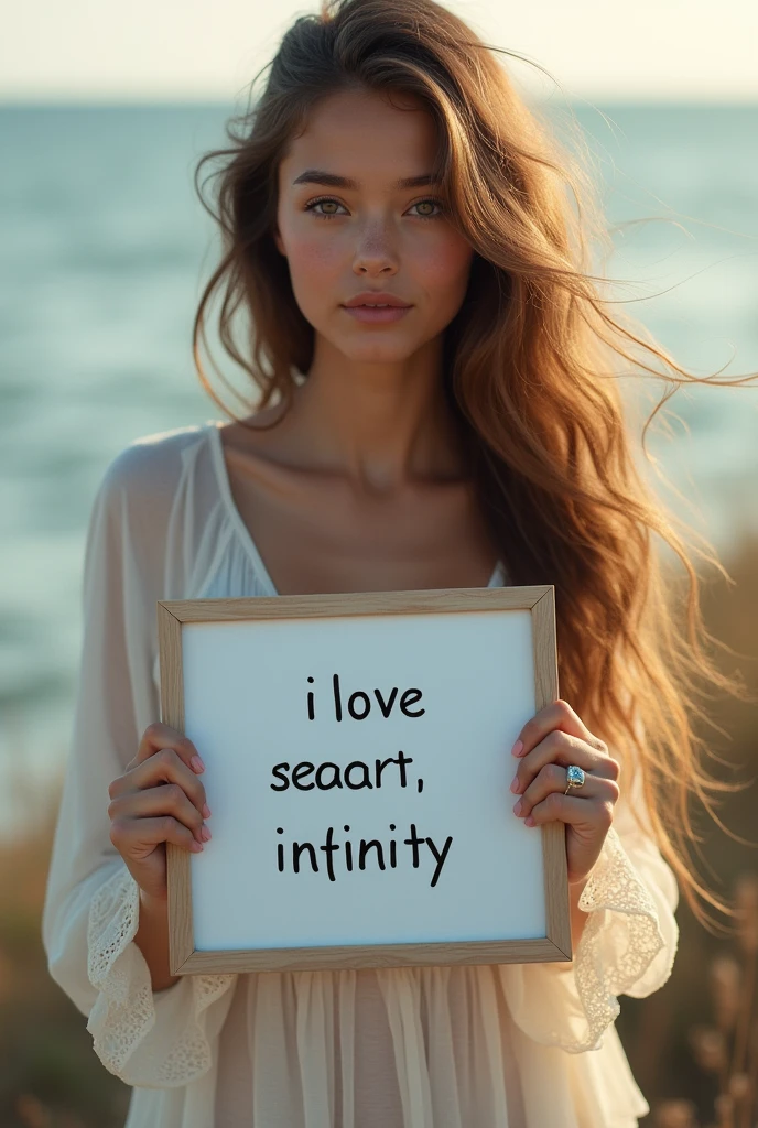 Beautiful girl with wavy long hair, bohemian dress, holding a white board with text "I Love Seaart Infinity" and showing it to the viewer