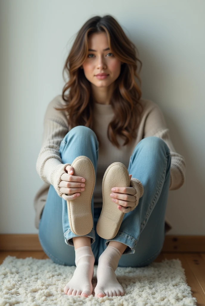 (Photorealism: 1.2), women wearing socks and jeans, woman sitting in socks, wall background, person holding shoes, woman wearing socks and holding shoes, comfortable pose wearing socks, socks, bright lighting