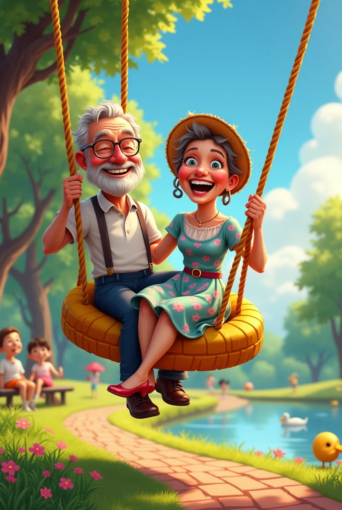 An endearing old couple in a vibrant cartoon style, sharing a heartwarming moment at the park. The husband, with a sprightly spring in his step despite his silver hair and spectacles, playfully swings his wife on a colorful, oversized tire swing. She, adorned with a floral bonnet and a wide smile that reveals her missing teeth, throws her head back in laughter. Their clothes are reminiscent of a bygone era, with the man in suspenders and a straw hat, while the woman wears a flowery dress that flutters in the gentle breeze. The park setting is lush with greenery, with a bright blue sky serving as a backdrop, and the sun casting a warm, golden glow over the scene. A quaint, red-brick pathway leads to a serene pond where ducks waddle by, and the lush grass is dotted with blooming flowers and children playing. The couple's youthful spirits shine through their actions, as their wrinkles and age lines are softened by the joy they find in each other's company. Their eyes sparkle with mischief and love, capturing the essence of a timeless bond that has only grown stronger over the years. The vivid colors and playful shapes of the scene enhance the whimsical atmosphere, inviting viewers to revel in the simple pleasures of life and the enduring power of companionship.