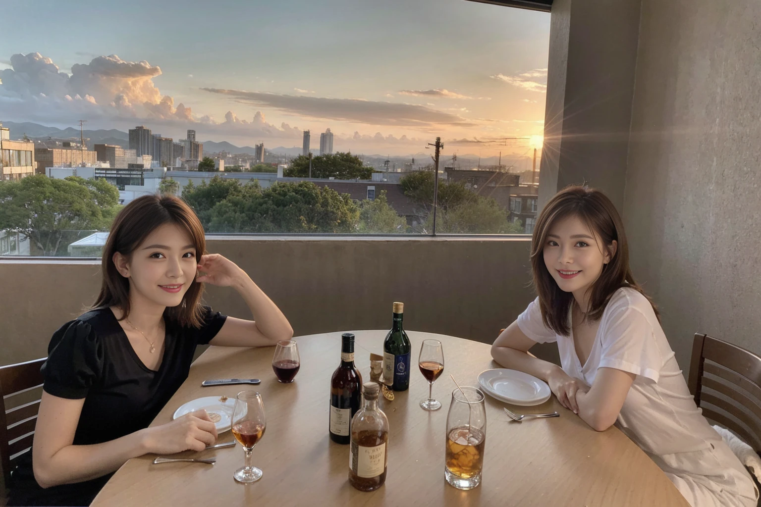 ((Highest quality、8k、masterpiece:1.3))、Whiskey bottles、The Macallan、Joni Black、Old Parr、whiskey、Suntory、Nikka、Slim Couple、modelカップル、(Realistic, Intricate details:1.2), full-course dinner、Whiskey bottle and glass on the table、Single Malt、scotch、Rocks glass、Shot Glass、On the rock、Scotland、Amazing view of the sunset sky and clouds、A bright smile、Short sleeve shirt、dress、 (Age 44), 3,Two beauties、Brown Hair、Shortcuts、 actress, model, Upper Body, 