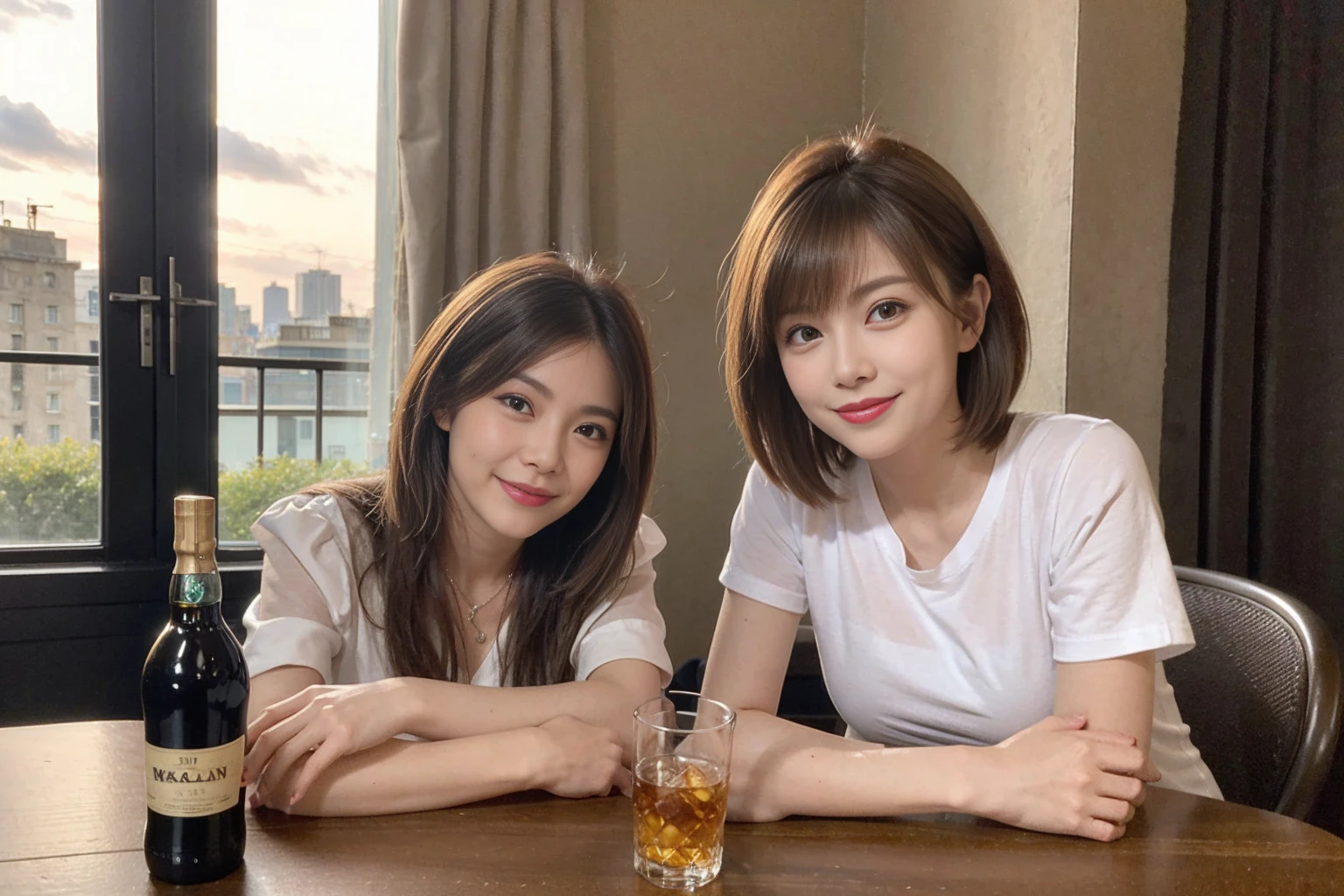 ((Highest quality、8k、masterpiece:1.3))、Whiskey bottles、The Macallan、Joni Black、Old Parr、whiskey、Suntory、Nikka、Slim Couple、modelカップル、(Realistic, Intricate details:1.2), full-course dinner、Whiskey bottle and glass on the table、Single Malt、scotch、Rocks glass、Shot Glass、On the rock、Scotland、Amazing view of the sunset sky and clouds、A bright smile、Short sleeve shirt、dress、 (Age 44), 3,Two beauties、Brown Hair、Shortcuts、 actress, model, Upper Body, 