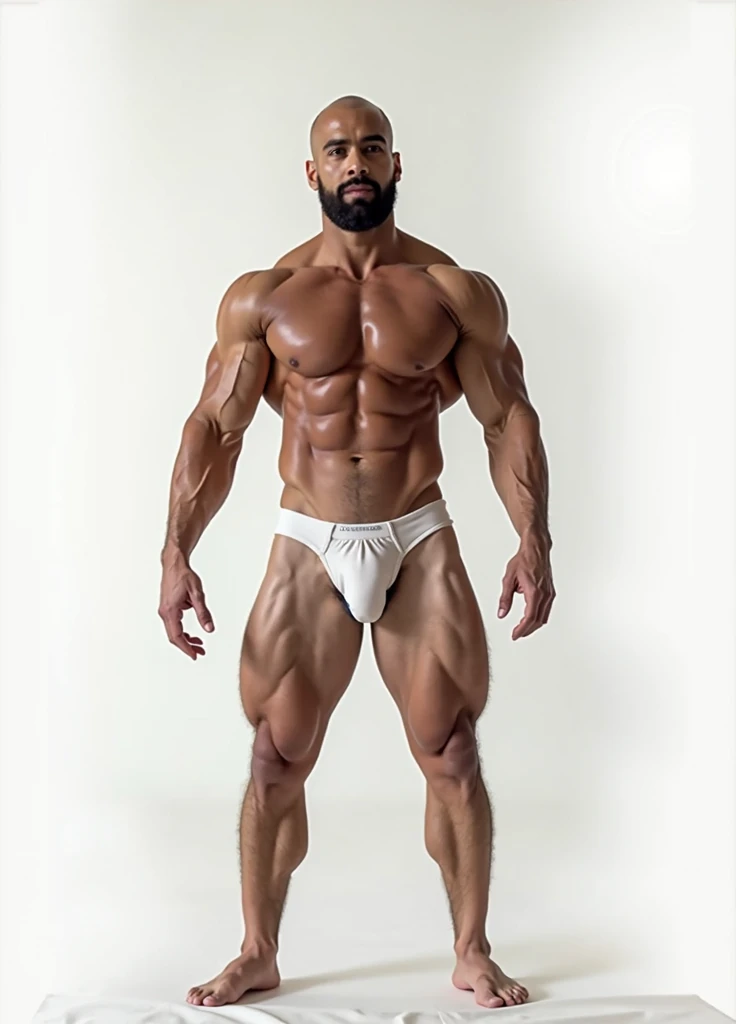 Ultra-realistic, hyper-detailed 8K photography of a , muscular and confident Spanish male with a powerful build and a perfectly shaved head, standing centered and completely visible from head to toe in the frame. The man has a sensually desirous expression, with his arms relaxed and his hands hanging naturally at his sides, displaying a harmonious physique. He is completely naked except for a white patent leather jockstrap with no branding or name being visible, it is shiny with a sleek and sexy design that subtly reveals an impressive XXXL bulge, emphasizing his massive attributes. The lighting is perfectly balanced to ensure his entire face is evenly lit, allowing every detail of his strong, masculine features to be clearly seen, with no shadows obscuring facial details. The lighting also enhances the contours and definition of his muscular form. His entire body is perfectly framed, with equal margins around the top and bottom to ensure no body part, including his feet, is cut off. The background is a solid, neutral color ideal for a photoshoot, making it easy to remove for a seamless effect later. The composition of the image follows the golden ratio, capturing the masculine beauty of the man and his attractive pose with a perfect face, flawless hands, and eyes that convey intensity. Shot on a Nikon D750f/1.4 55mm, physically based rendering and masterful finishing for the ultimate in visual quality. Ful_Body Full_Body (Masterpiece) (Best Quality) (Extremely Detailed) (Photorealistic) (Full Body) (Perfect Composition) (Broad Shoulders) (Attractive Man) (Detailed Chest Muscles with Hair) (Golden Ratio) (Balanced Professional Lighting) (Even Lighting) (Sharp Focus) (Realistic Skin Texture)