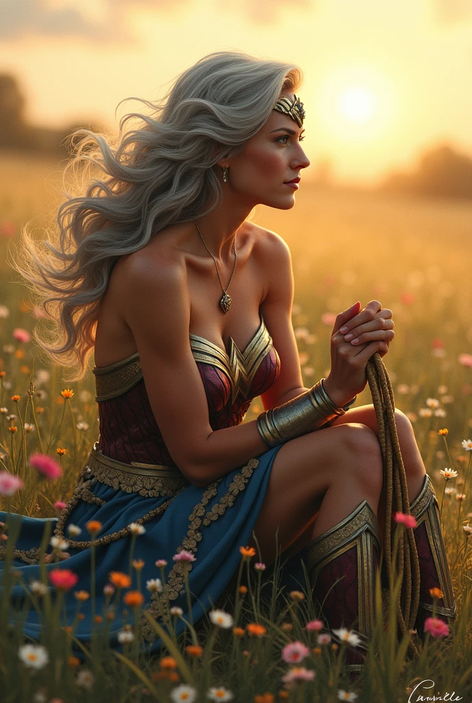 old Wonder Woman, with silver-streaked hair, sits in a peaceful meadow, holding her Lasso of Truth. She gazes into the distance, lost in thought. Background: A serene meadow, with wildflowers and a soft breeze. The sun is setting. Narration: "The warrior of peace now finds solace in tranquility."