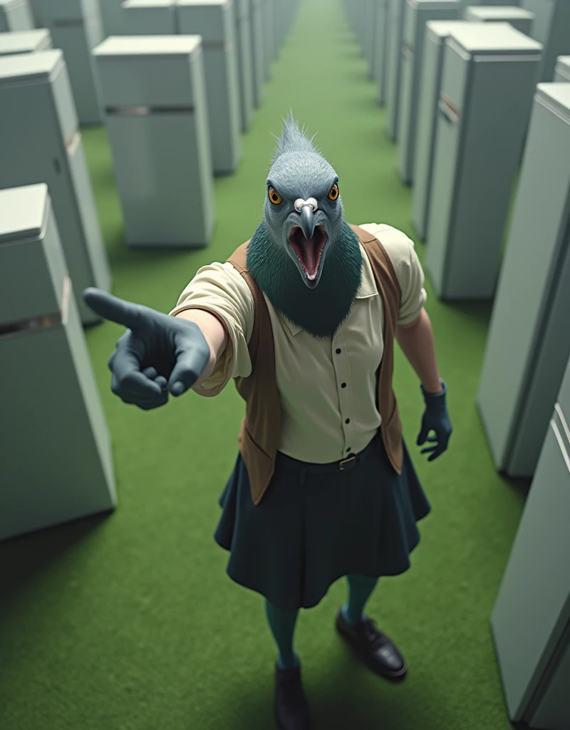 ((Highest quality)), ((masterpiece)), (Pointing his finger towards me), (birds-eye view:2), (wide shot), (turf field), 怒りの表情で口を開けたGray female pigeonがオフホワイトで襟付きのshort-sleeved shirtに薄茶色のベストを着てひざ丈の黒いスカートに濃い緑の靴下と黒の靴を履いて、とてもたくさんの最新の冷蔵庫に囲まれながらPointing his finger towards me, (Gray female pigeon), (short-sleeved shirt), Photorealistic images,