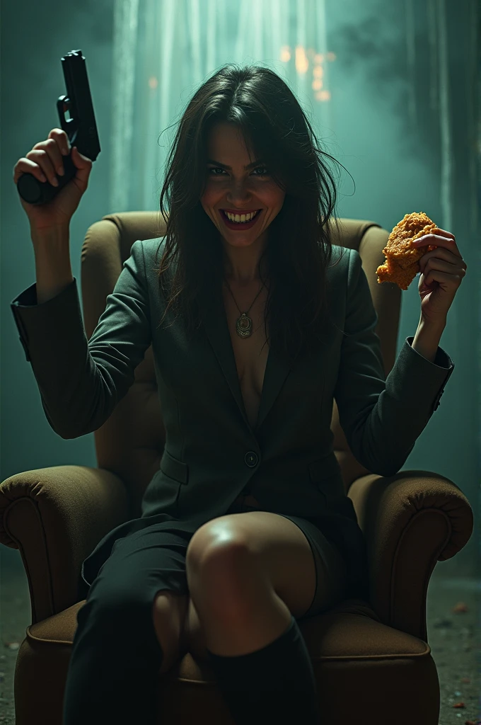 A woman sits in a chair, snatching a chicken bite and holding a gun, smiling sinisterly, surrounded by a eerie, horror-themed atmosphere.