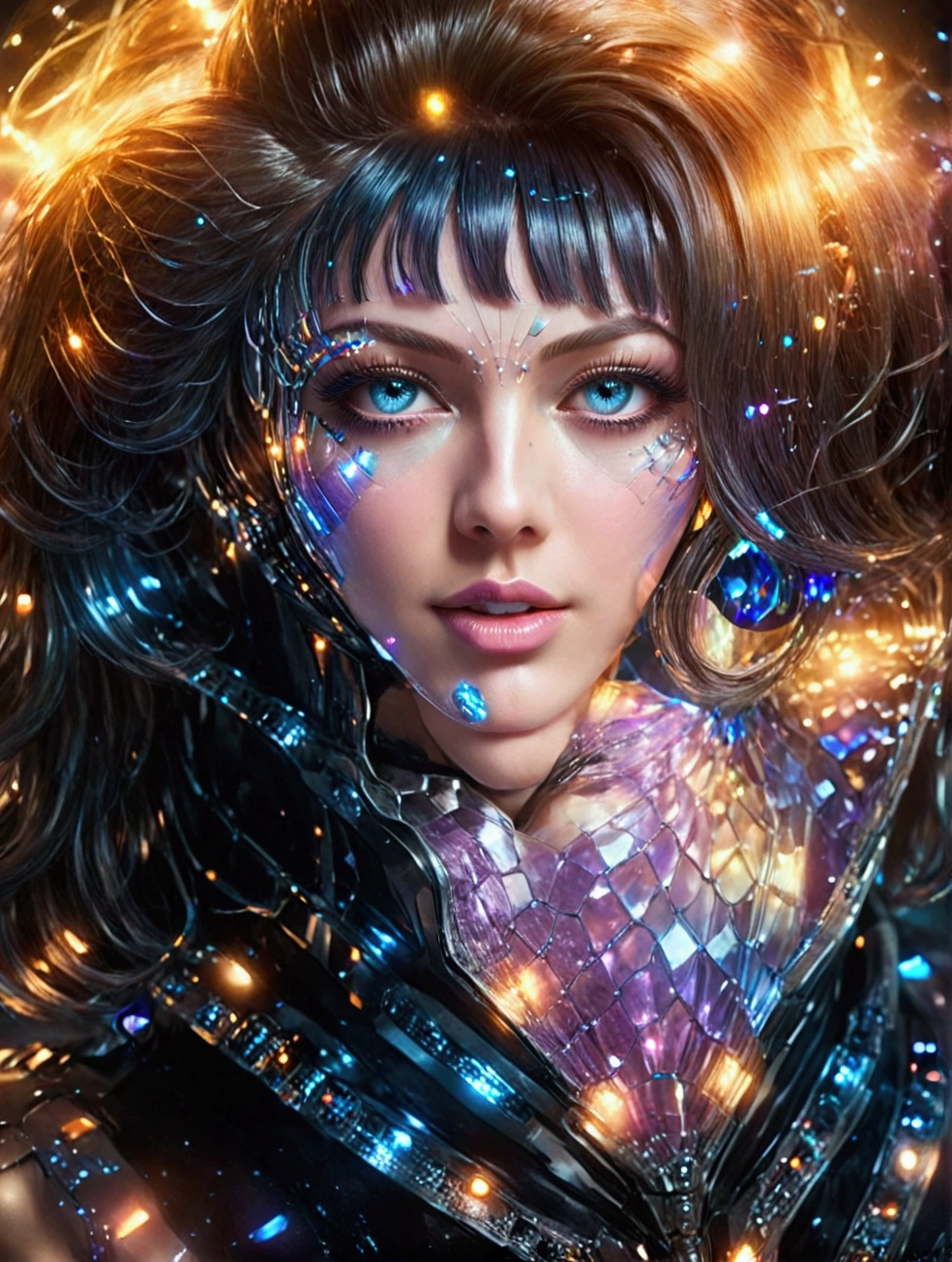 arafed woman with blue eyes and a black dress with a purple glow, portrait of a cosmic goddess, stars in her gazing eyes, strange portrait with galaxy, beauty blade runner woman, futuristic woman portrait, portrait beautiful sci - fi girl, cyborg goddess in cosmos, portrait of a sci - fi woman, sci - fi look, “ femme on a galactic shore