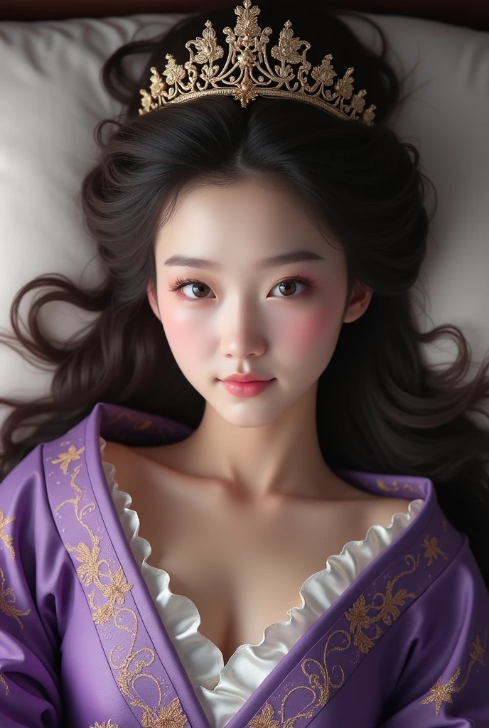 (photorealism:1.2), Using Imperial Japan Dress purple and crown, beautiful young white Queen, lying on the bed, A close-up to face and straight-on view from above, good body, straight body possure, big breasts, moderate emotion, like Diao Chan, sweet smile.