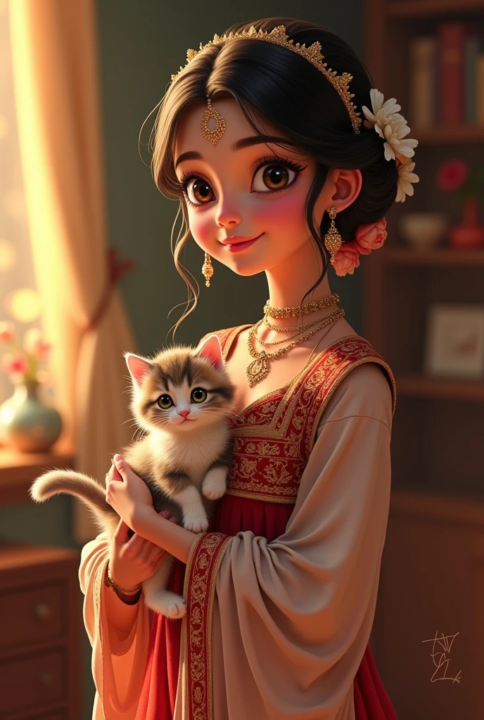 Ayesha Preparing for the Festival:"Ayesha dressing up in her most beautiful traditional frock, while her kitten, Moti, sits nearby, being groomed with a small brush. Ayesha is smiling, and the room is filled with the warm, soft light of evening.
Ayesha is a  
