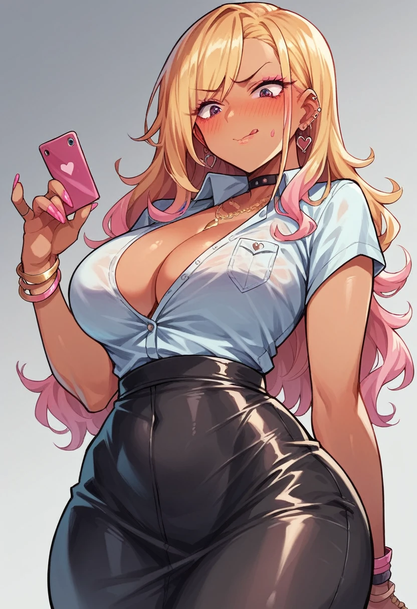 ((sexy girl ,gyaru))nsfw,glamorous, blushing, flushed face, looking down, slutty bodycon outfit, wide hips, large breasts,