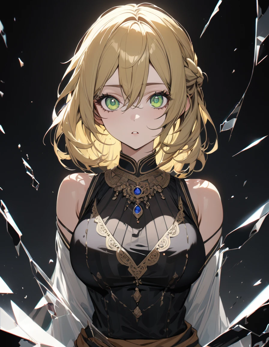(masterpiece)、(absurdres)、(ultra detailed)、(8k),Anatomically correct,long shot:1.4,(solo woman:1.1,long yellow hair:1.1,hair between eyes,french braid:0.8,big breast:0.9,BREAK,green eyes,shock eyes:1.2,little round sapphire pendant:0.9,black stripes indian costume:1.1,upperbody shot:1.2,looking viewer,from front,Broken black glass:1.2,simple white background:1.3,cinematic lighting:1.3,hair blowing,