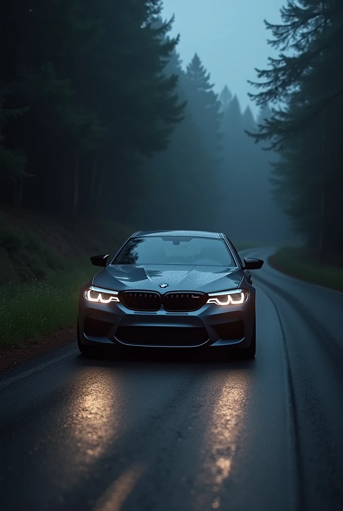 BMW M5 on dark road