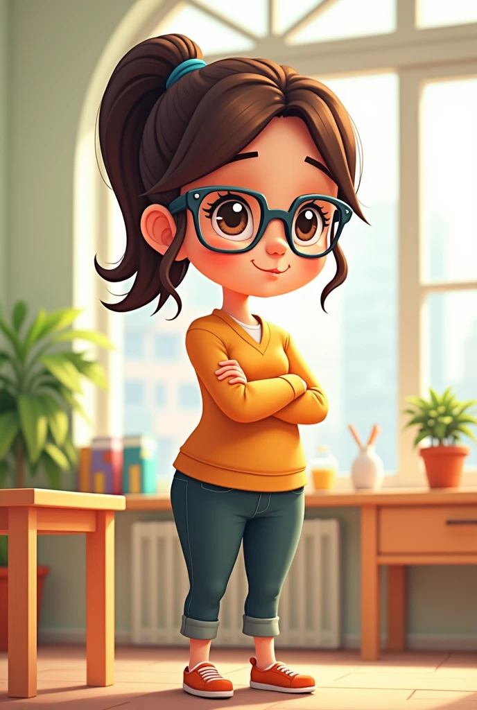 The female director of the kindergarten tied her hair into a ponytail. She was slightly fat and wore glasses. The cartoon version was a little serious.