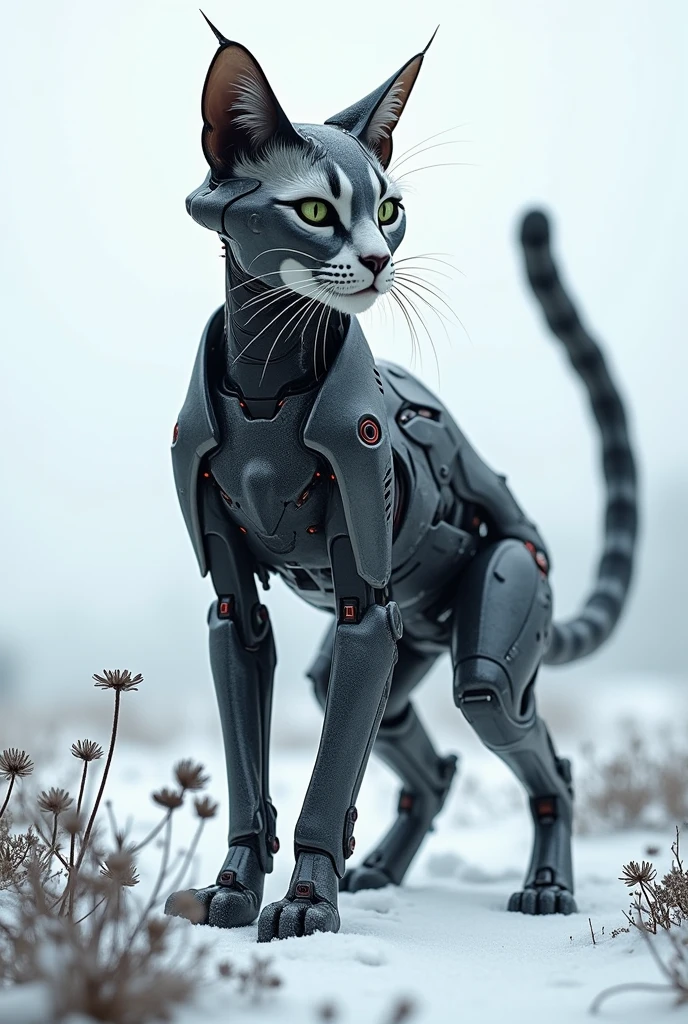 A mutant black and white cyborg cat with black and white flowers stands angrily on the white snow
