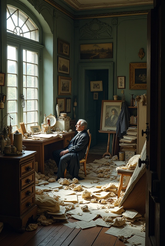 Messy room, cluttered with sheet music, crumpled papers, half-eaten food, 19th-century European setting, dark and untidy