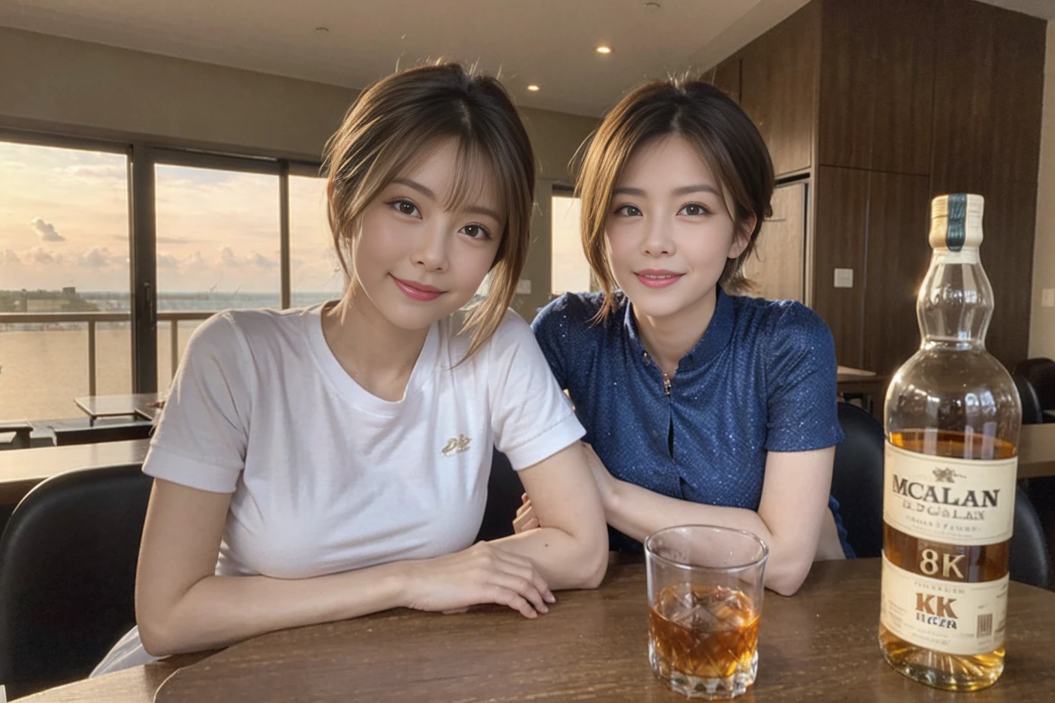 ((Highest quality、8k、masterpiece:1.3))、Whiskey bottles、The Macallan、Joni Black、Old Parr、whiskey、Suntory、Nikka、Slim Couple、modelカップル、(Realistic, Intricate details:1.2), full-course dinner、Whiskey bottle and glass on the table、Single Malt、scotch、Rocks glass、Shot Glass、On the rock、Scotland、Amazing view of the sunset sky and clouds、A bright smile、Short sleeve shirt、dress、 (Age 44), 3,Two beauties、Brown Hair、Shortcuts、 actress, model, Upper Body, 