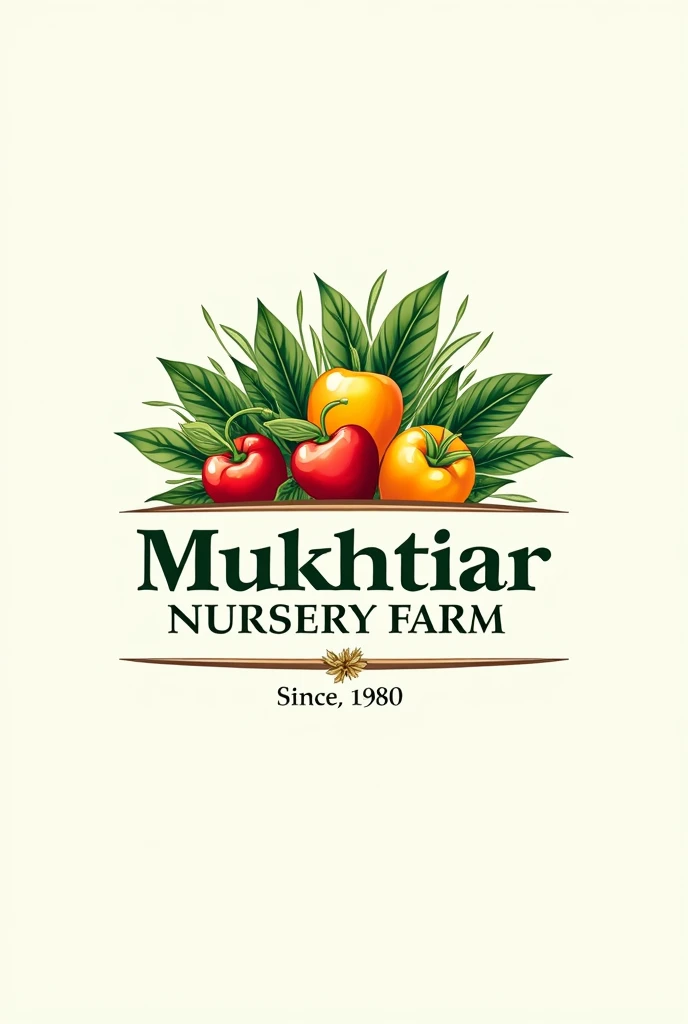 Create a beautiful logo for Mukhtiar Nursery Farm Tangi Town Decorative and Fruit Plants Store. Since 1980. Contact 034681118, 03369608345