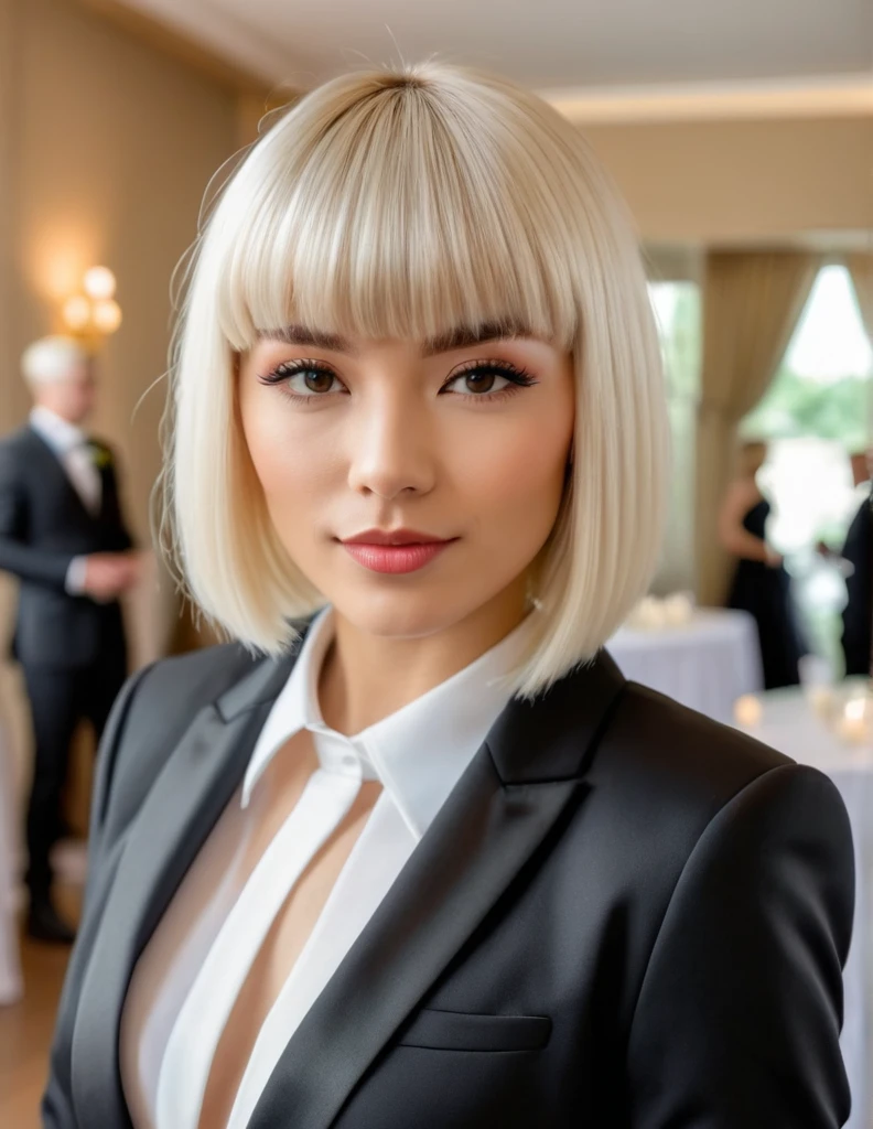 Very attractive caucasian female with platinum blonde bob hair, with bangs, wearing black suit, white shirt, setting up a room ready for a wedding ceremony