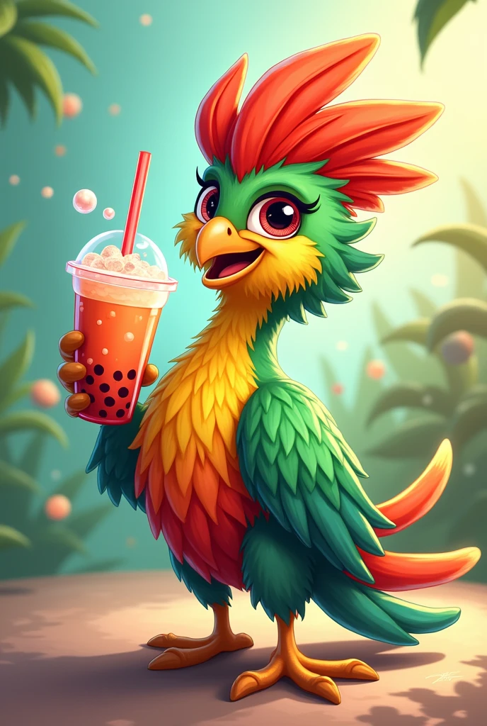 Cartoon of a quetzal showing a bubble tea