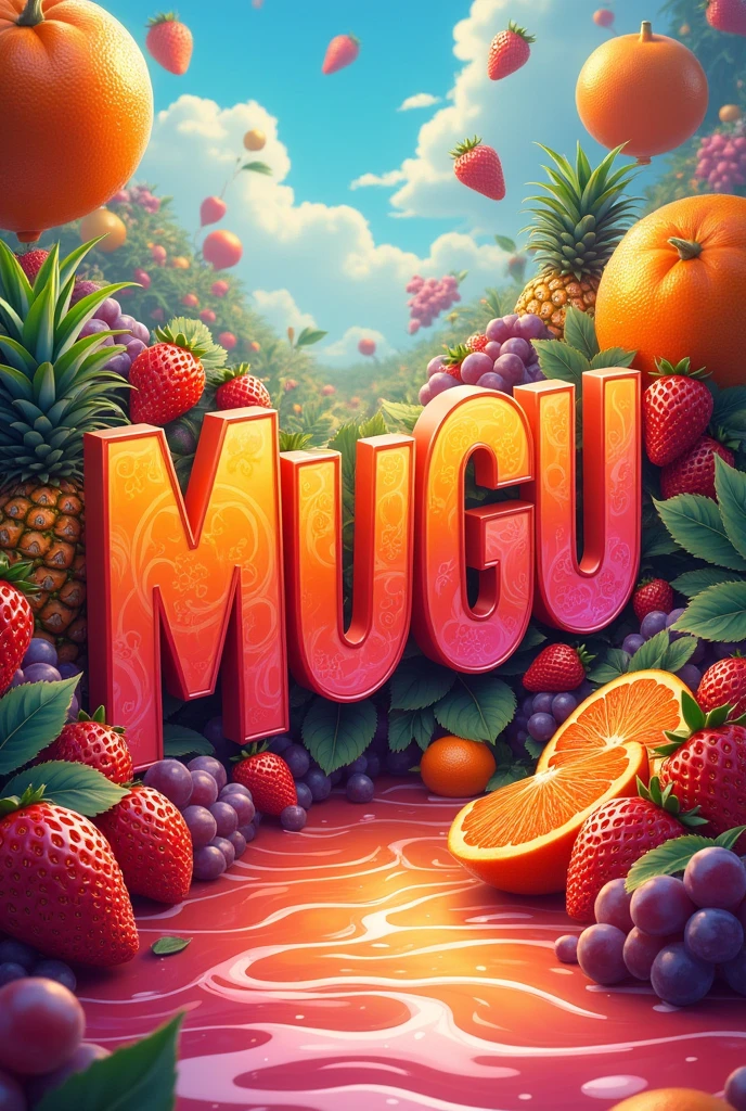 I want mugu text with juice and fruits background 
