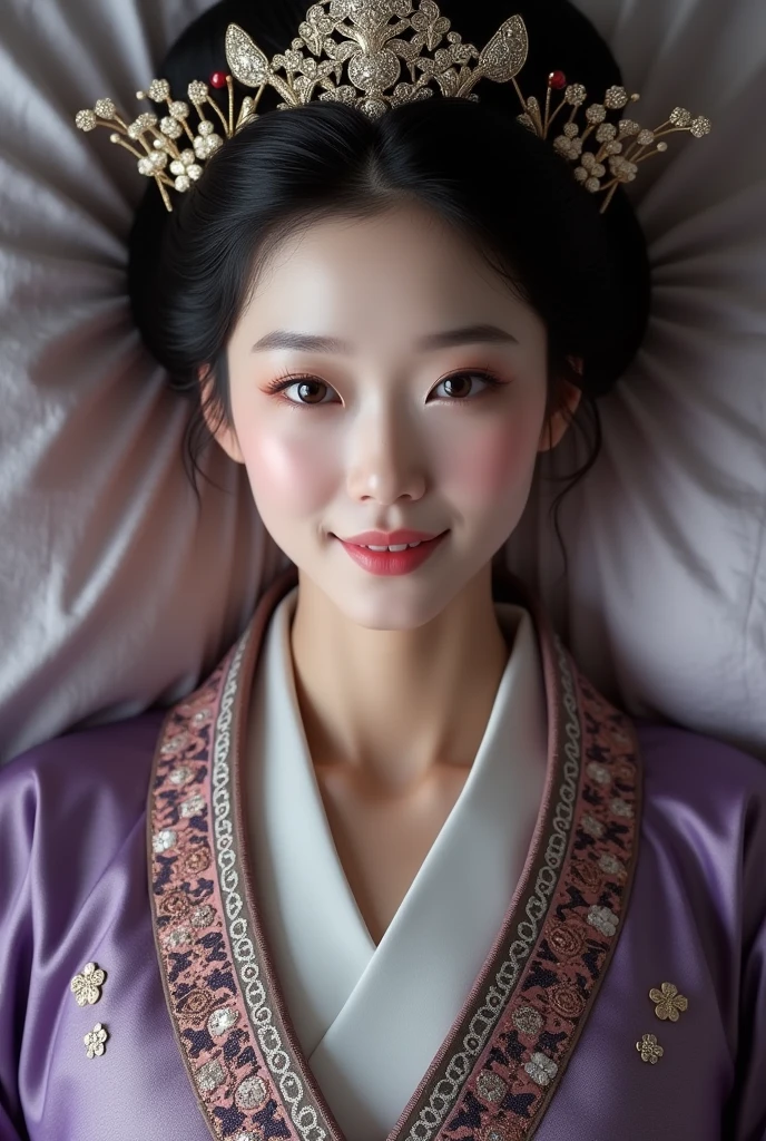 (photorealism:1.2), Using Imperial Japan Dress purple and crown, beautiful adult white Queen, lying on the bed, A close-up to face and straight-on view from above, good body, straight body possure, big breasts, moderate emotion, like Diao Chan, sweet smile.