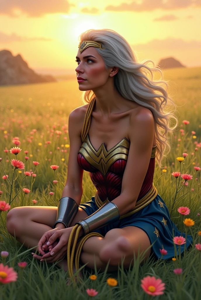 old Wonder Woman, with silver-streaked hair, sits in a peaceful meadow, holding her Lasso of Truth. She gazes into the distance, lost in thought. Background: A serene meadow, with wildflowers and a soft breeze. The sun is setting. Narration: "The warrior of peace now finds solace in tranquility."