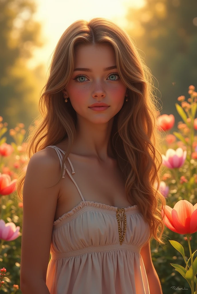 Create a highly detailed and realistic image of a  girl around , with long, wavy brown hair and bright blue eyes. She is wearing a light pastel-colored summer dress and is standing in a blooming garden during the golden hour of sunset. Her expression is calm and serene, as she gazes peacefully into the distance. The background features colorful flowers