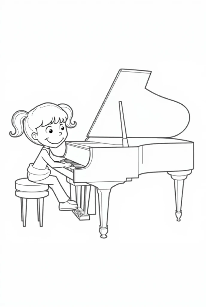 Coloring book for a child of 5 years. 
Przedstawia fortepian z widocznymi klawiszami. A  with pigtails sits at the piano.. The picture must be colored by yourself..