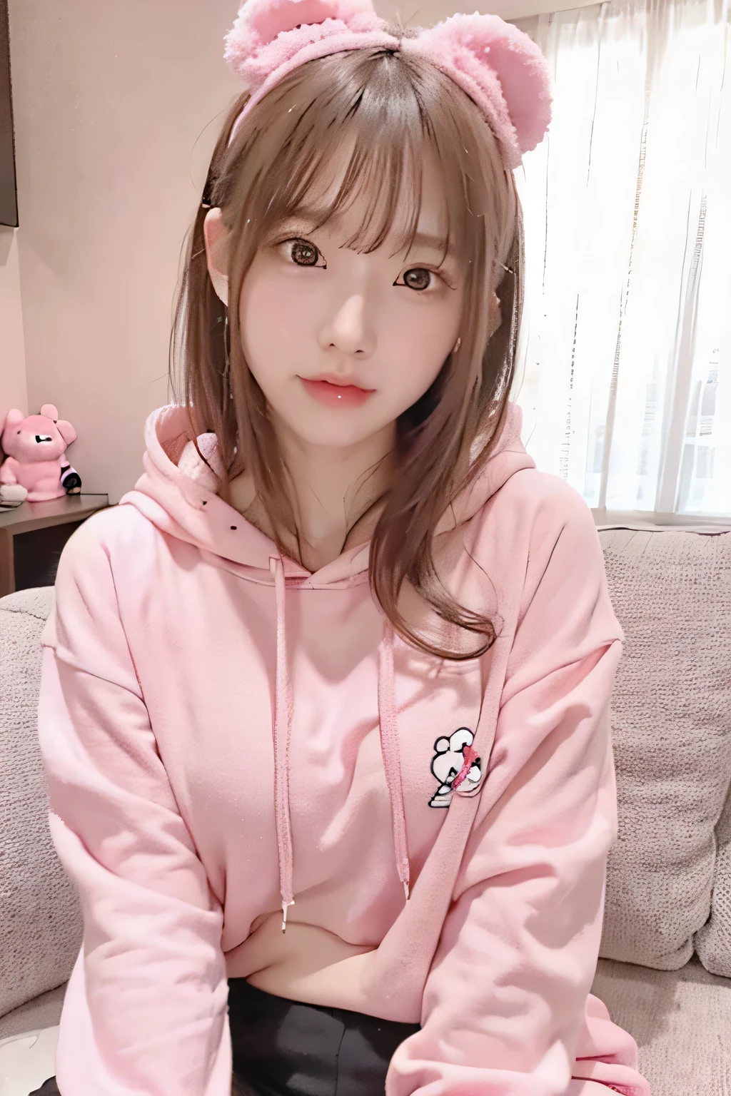 Cute Japanese girl with long hair and bangs, wearing a pink hoodie with a Disney character design on the front, sitting in a living room, hand touching her head, selfie-style angle shot, real photograph, natural lighting. --ar 3:4