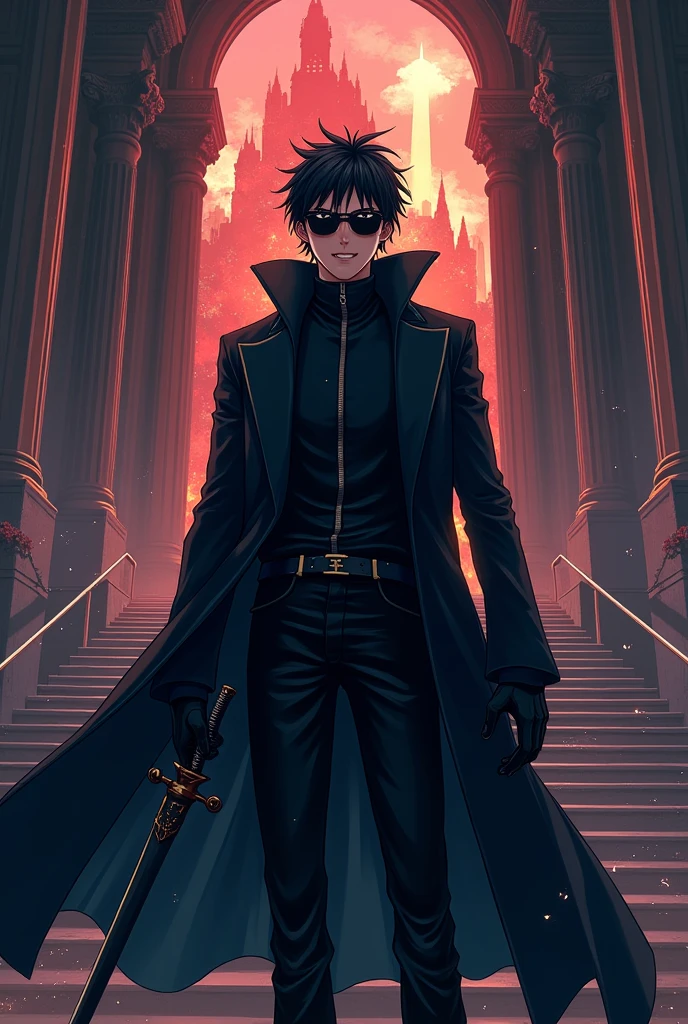 ((illustration)), (best quality)), ((masterpiece)), (detailed), ager, 1male, black hair, jacket, black gloves, long coat, sunglasses, leather, solo, anime: 2, city, night, flat color, throne room, holding sword, glowing eyes, crazy smile, cinematic, epic, anime, fire, explosion, kingdom background, crown, One piece style, stairway, King,