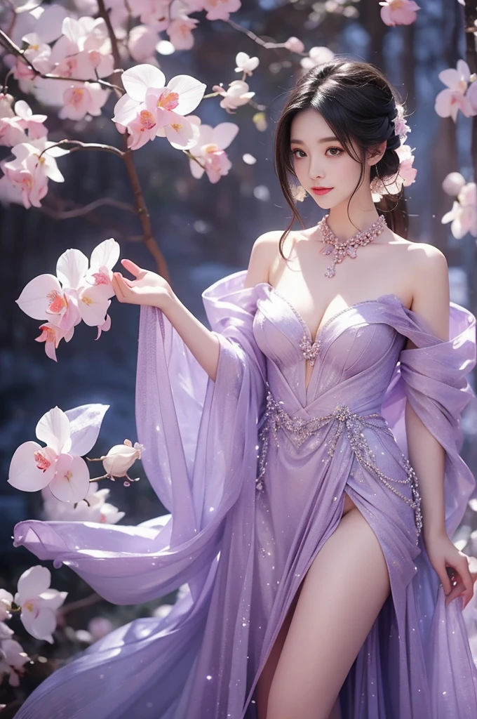 (Quality Improvement:1.4),1 girl, Full breasts,Visible cleavage,Sexy long legs,The skirt is very short,She gently lifted her skirt with one hand,Surrounded by white Phalaenopsis orchids,Lilac dendrobium、White Lily, Flying petals,(Top quality leather), Delicate face,Black Hair, Gradient hair, Body,(Body1.1), He has a precious gem on his forehead..., brilliant student,Long eyelashes,Smile, Surrealism, Movie Lighting, Projection Insert, Surrealism, Ultra HD, masterpiece,lie,Keep dreaming,Open your legs slightly.,Tattoo,Fantasy Space,Luxurious space,Exquisite makeup,blush,Shy expression