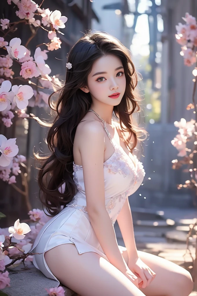 (Quality Improvement:1.4),1 girl, Full breasts,Visible cleavage,Sexy long legs,The skirt is very short,She gently lifted her skirt with one hand,Surrounded by white Phalaenopsis orchids,Lilac dendrobium、White Lily, Flying petals,(Top quality leather), Delicate face,Black Hair, Gradient hair, Body,(Body1.1), He has a precious gem on his forehead..., brilliant student,Long eyelashes,Smile, Surrealism, Movie Lighting, Projection Insert, Surrealism, Ultra HD, masterpiece,lie,Keep dreaming,Open your legs slightly.,Tattoo,Fantasy Space,Luxurious space,Exquisite makeup,blush,Shy expression