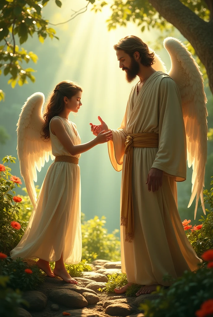 Small angel giving food to the paradise man
