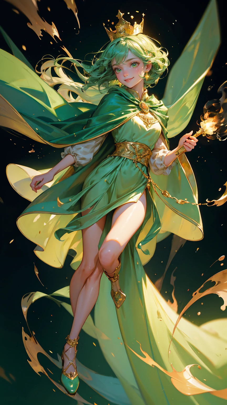 zoom out, full charracer images A beautiful, cute girl dressed as a royal queen in an elegant, vintage green gown with gold accents and a luxurious fur-lined cape, holding a decorative torch with a small flame. She wears a golden crown adorned with emeralds, and her face has a gentle, friendly smile. The background features an enchanting amusement park with a large Ferris wheel, roller coaster, and whimsical architectural elements, all painted in green tones. Floating green balloon characters with small smiling faces and tiny flames hover around her. On the ground, a group of small, candle-like characters with cheerful faces are marching joyfully, creating a charming, fairytale-like atmosphere filled with pastel green hues