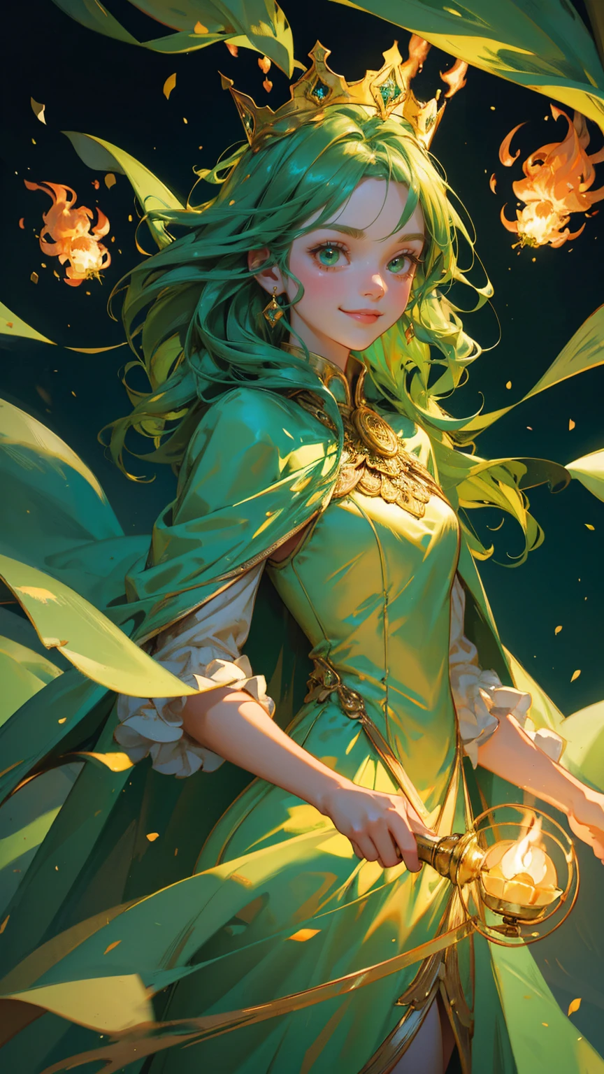 zoom out, full charracer images A beautiful, cute girl dressed as a royal queen in an elegant, vintage green gown with gold accents and a luxurious fur-lined cape, holding a decorative torch with a small flame. She wears a golden crown adorned with emeralds, and her face has a gentle, friendly smile. The background features an enchanting amusement park with a large Ferris wheel, roller coaster, and whimsical architectural elements, all painted in green tones. Floating green balloon characters with small smiling faces and tiny flames hover around her. On the ground, a group of small, candle-like characters with cheerful faces are marching joyfully, creating a charming, fairytale-like atmosphere filled with pastel green hues