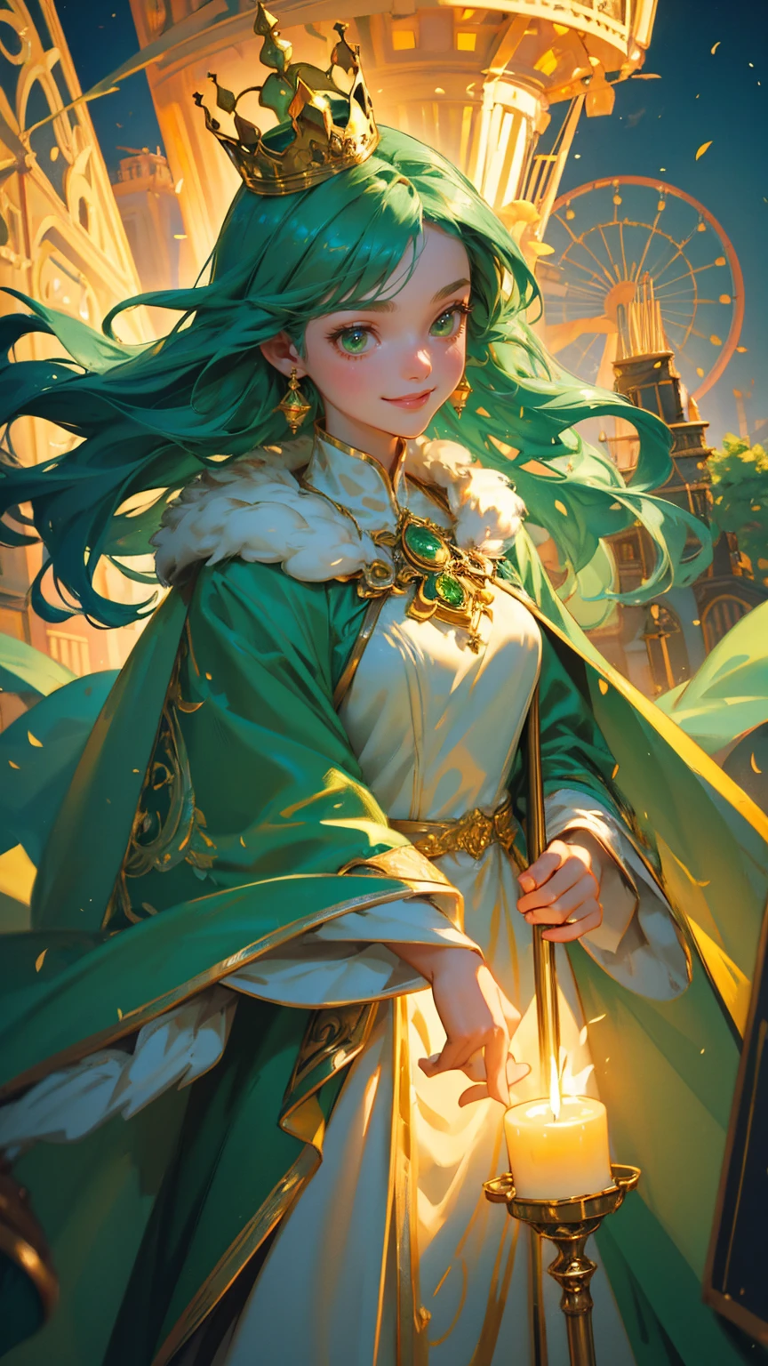 zoom out, full charracer images A beautiful, cute girl dressed as a royal queen in an elegant, vintage green gown with gold accents and a luxurious fur-lined cape, holding a decorative torch with a small flame. She wears a golden crown adorned with emeralds, and her face has a gentle, friendly smile. The background features an enchanting amusement park with a large Ferris wheel, roller coaster, and whimsical architectural elements, all painted in green tones. Floating green balloon characters with small smiling faces and tiny flames hover around her. On the ground, a group of small, candle-like characters with cheerful faces are marching joyfully, creating a charming, fairytale-like atmosphere filled with pastel green hues