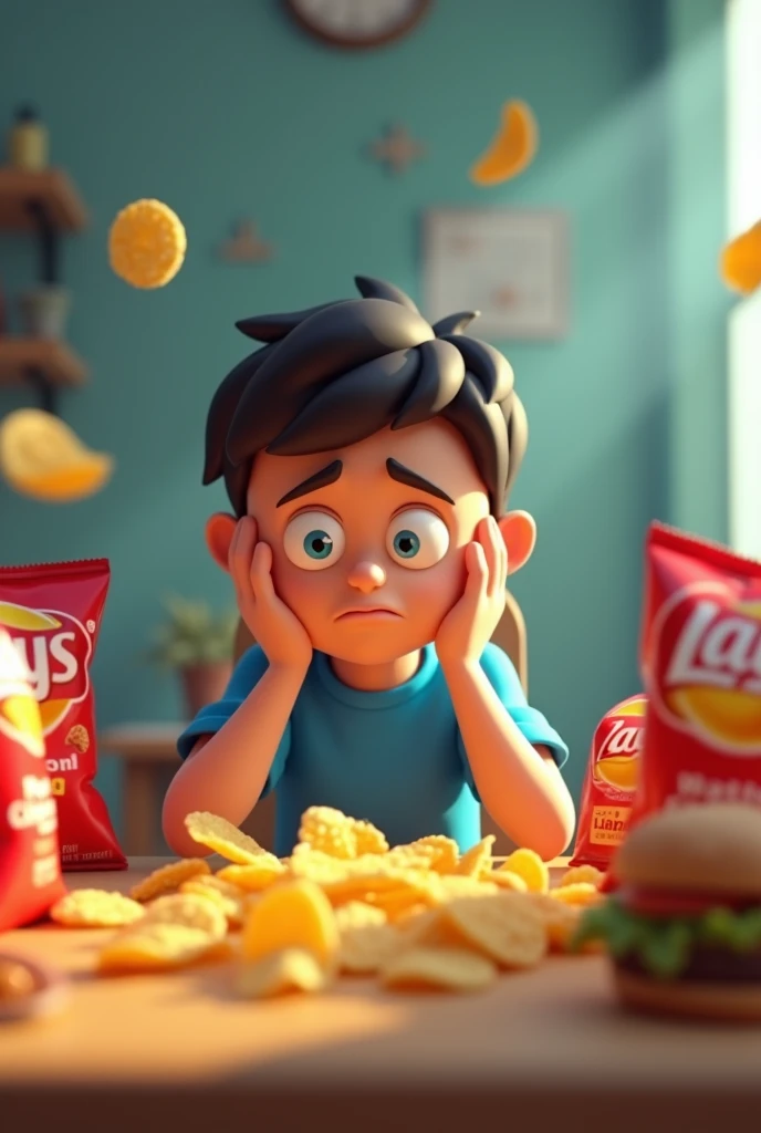 A kid boy  with stress face wear blue tshirt eat with a lot off lays and burger on the table cartoon 3d