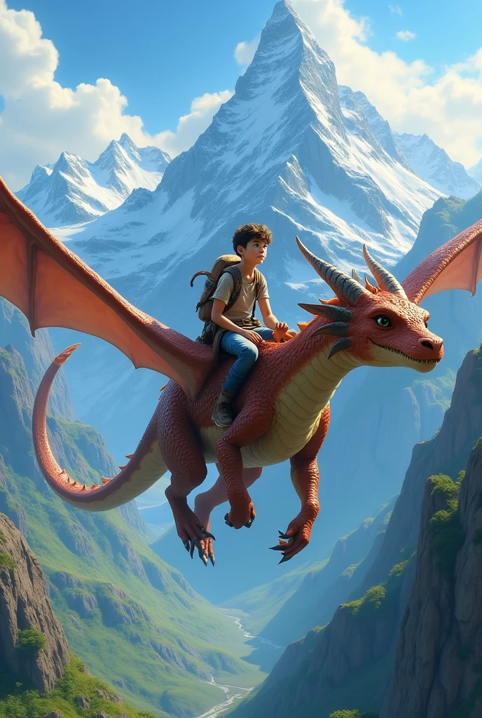 A boy sitthing on dragon and background is mountains