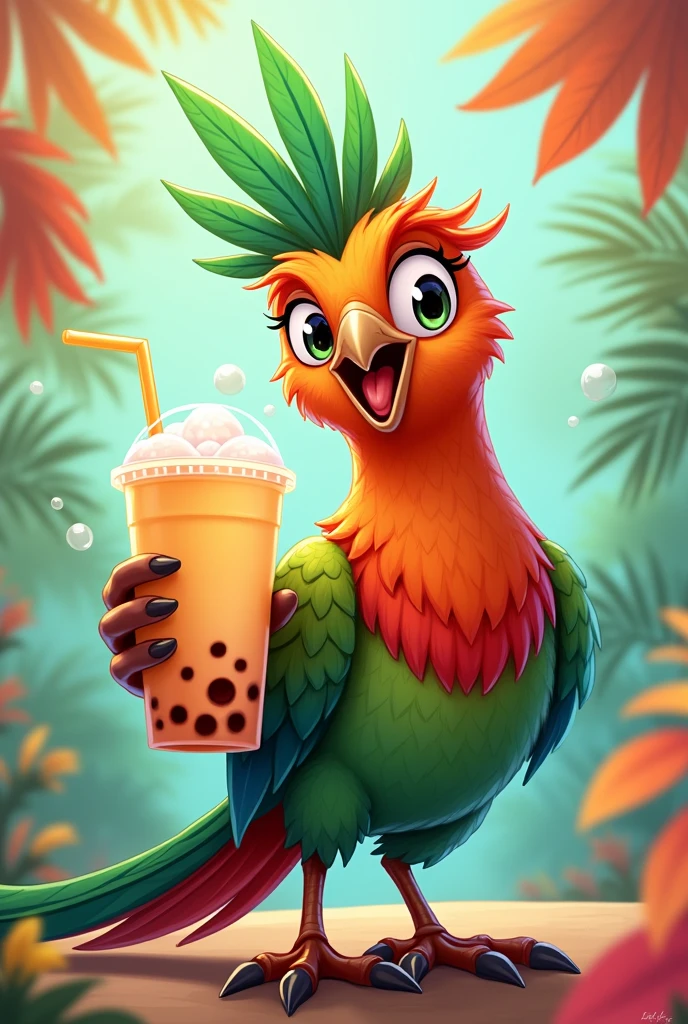 Cartoon of a quetzal showing a bubble tea