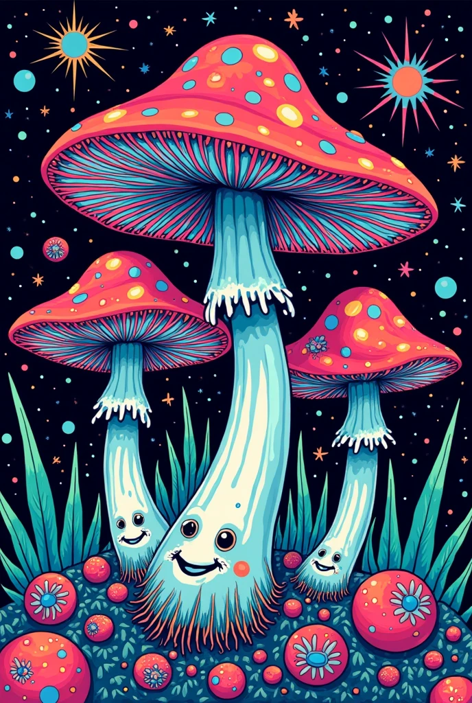 psychedelic mushrooms for 1960's Black light poster,trippy, hallucination Coloring book style