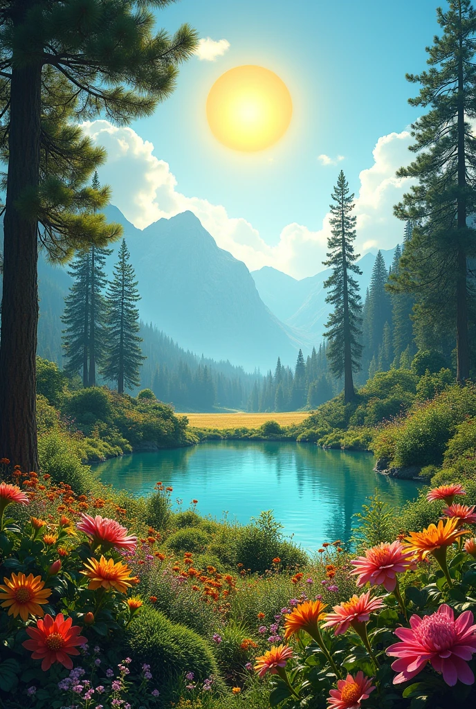 Create a realistic image with full resolution 8K cinematic quality. The scene features a vibrant natural landscape with a bright yellow sun centered in a clear blue sky, casting warm light over a stunning garden. The garden is filled with rare and exotic flowers in a variety of vivid colors, contrasting beautifully with the rich green foliage. In the background, tall, majestic pine trees rise, their dense branches framing the scene with natural elegance. Behind the pines, towering mountains covered in lush vegetation add depth to the landscape, while a vast, open field stretches towards the horizon. To the right, a small, crystal-clear lake reflects the serene surroundings, enhancing the peaceful and harmonious atmosphere. The image conveys a strong sense of tranquility and connection with nature.