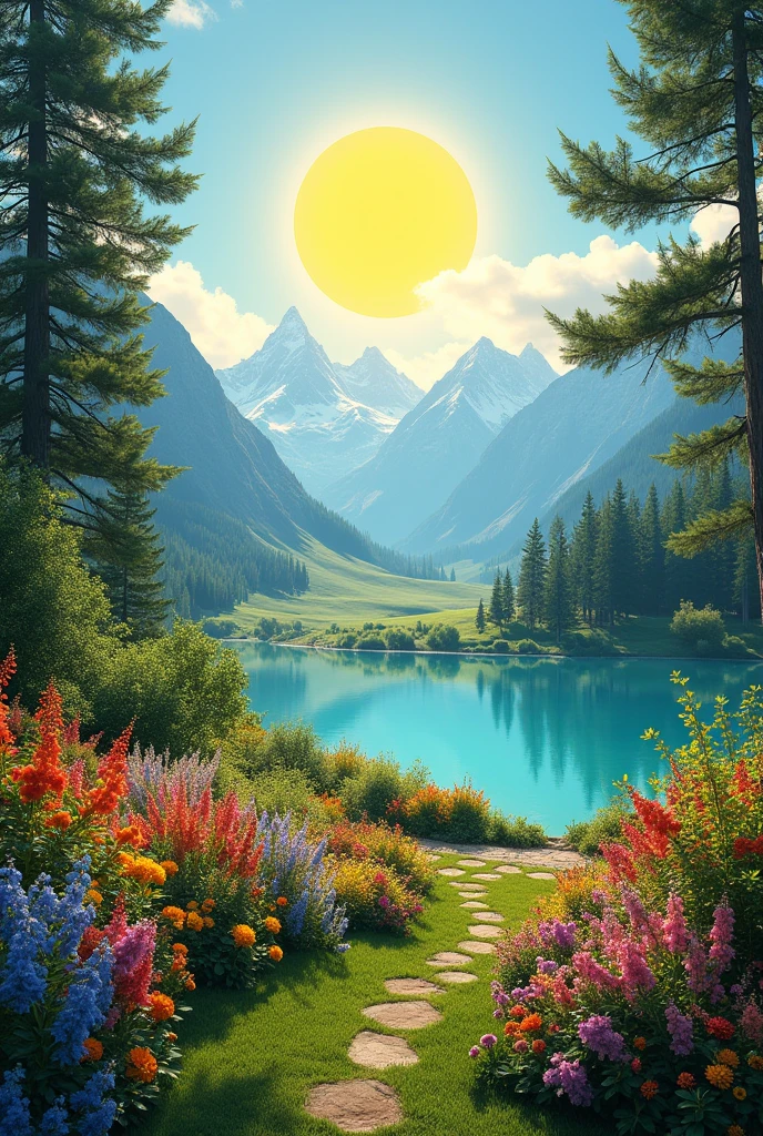 
   Create a realistic image with full resolution 8K cinematic quality. The scene features a vibrant natural landscape with a bright yellow sun centered in a clear blue sky, casting warm light over a stunning garden. The garden is filled with rare and exotic flowers in a variety of vivid colors, contrasting beautifully with the rich green foliage. In the background, tall, majestic pine trees rise, their dense branches framing the scene with natural elegance. Behind the pines, towering mountains covered in lush vegetation add depth to the landscape, while a vast, open field stretches towards the horizon. To the right, a small, crystal-clear lake reflects the serene surroundings, enhancing the peaceful and harmonious atmosphere. The image conveys a strong sense of tranquility and connection with nature.

